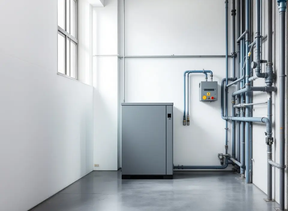 Een compressorruimte in een fabriek, met een persluchtcompressor, een staande luchtketel en leidingen langs een witte muur