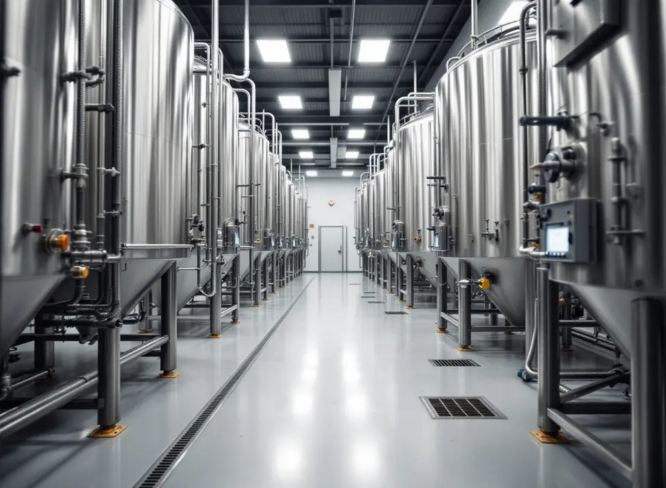 Een hal van een voedingsmiddelenfabriek, met hoge roestvrijstalen tanks, geïsoleerde leidingen en een schone vloer tussen twee ploegen in