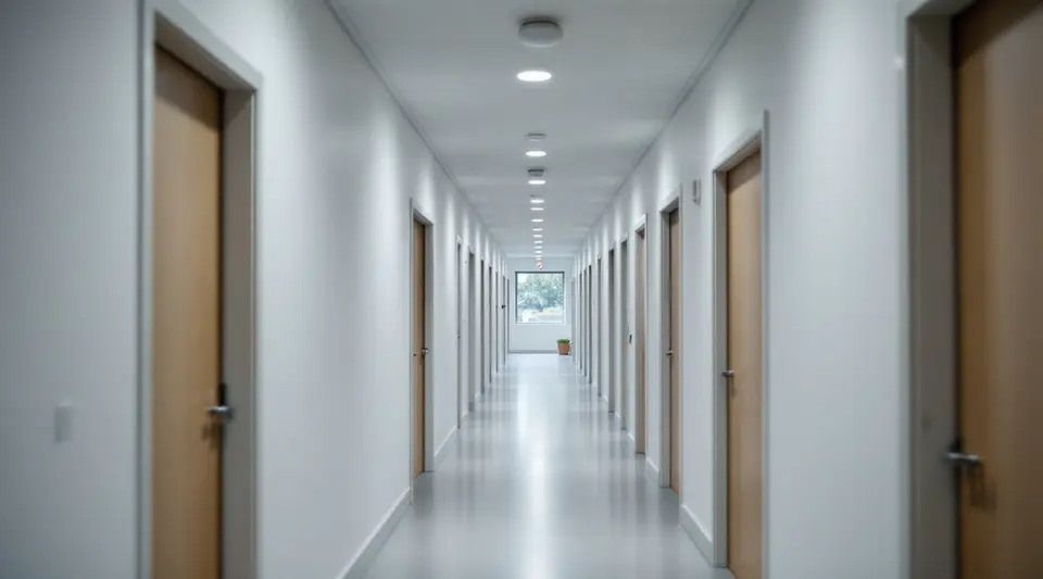 Een lange gang in een kantoorgebouw met witte deuren, ronde ledlampen in het plafond en een bewegingssensor, met daglicht door een raam aan het eind