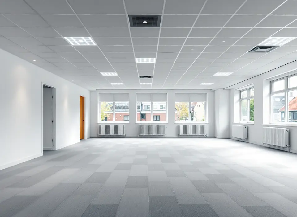 Een lege, lichte kantoorverdieping na een renovatie, met ledpanelen in het systeemplafond, grijze tapijttegels en radiatoren onder de ramen