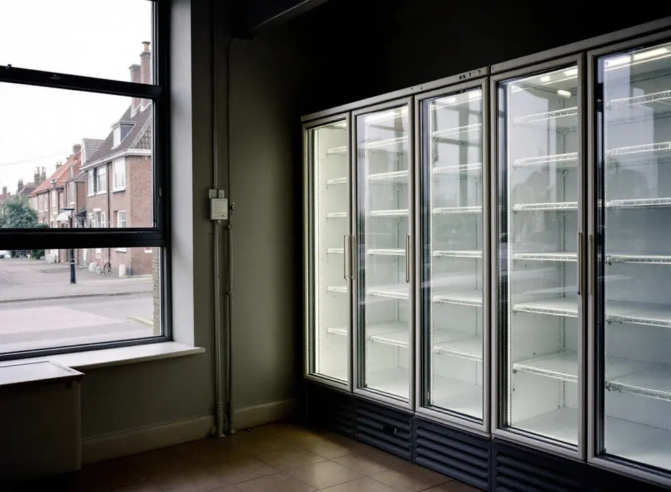 Een rij gesloten koelvitrines met glazen deuren in een kleine buurtwinkel voor openingstijd, verlicht maar nog leeg