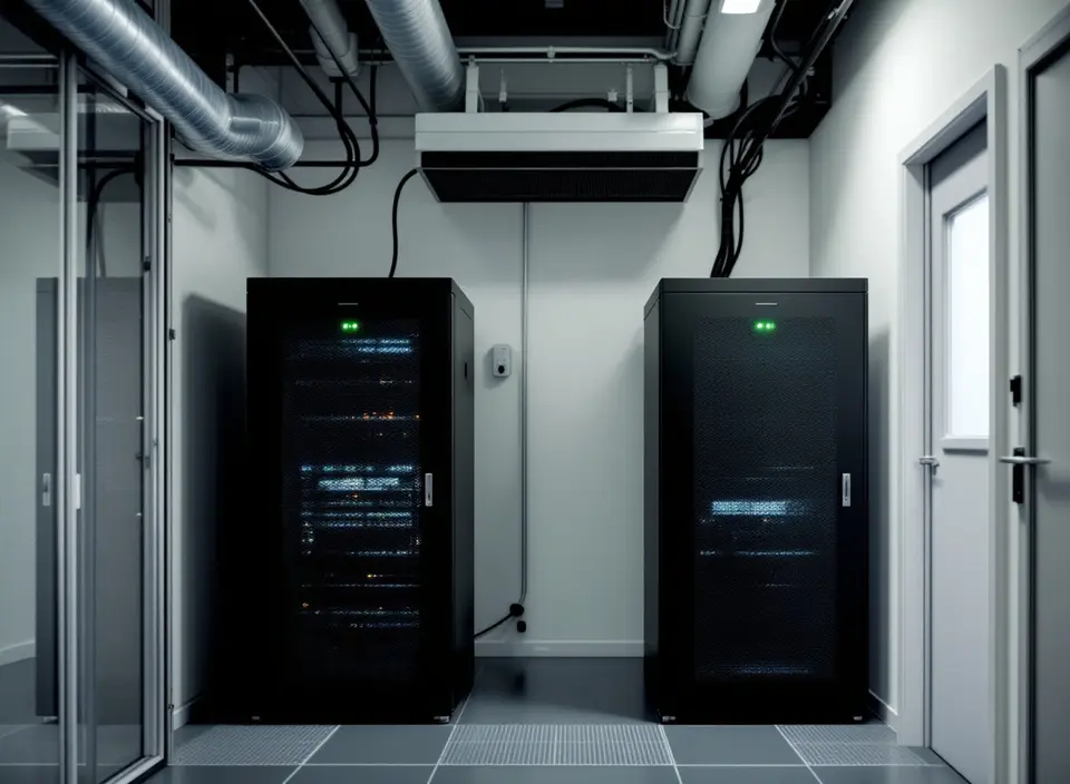 Een kleine serverruimte in een kantoor, met twee gesloten serverkasten, een koelunit aan het plafond en kabelgoten