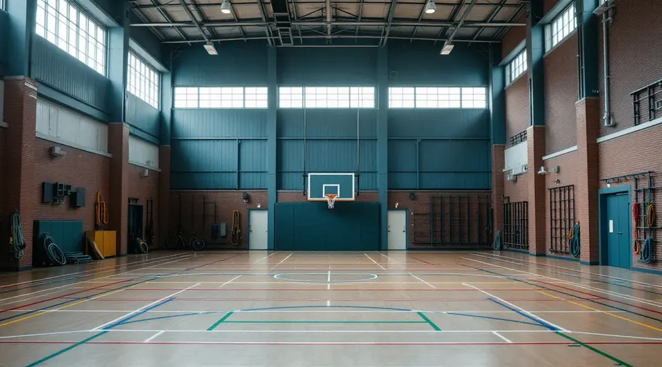 Een lege gemeentelijke sporthal in de ochtend, met een houten vloer met lijnen, ledlampen onder het stalen dak en hoge ramen