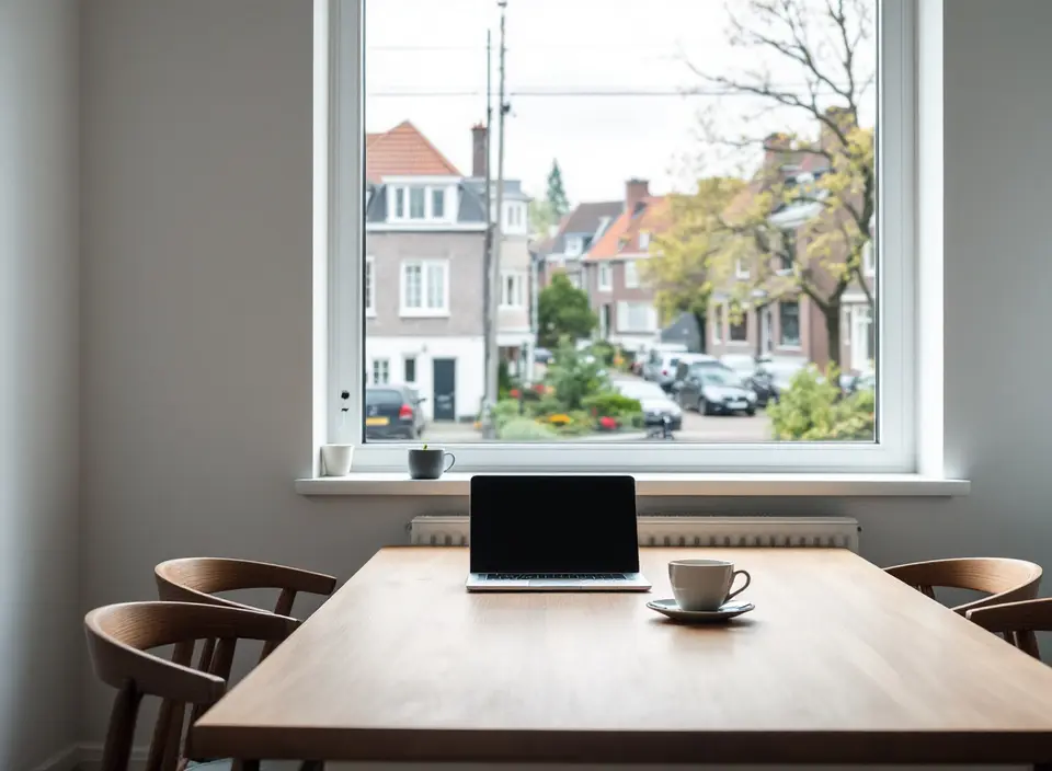 Een kleine vergaderruimte in een kantoor, met een eiken tafel, een dichtgeklapte laptop en uitzicht op een straat met rijtjeshuizen