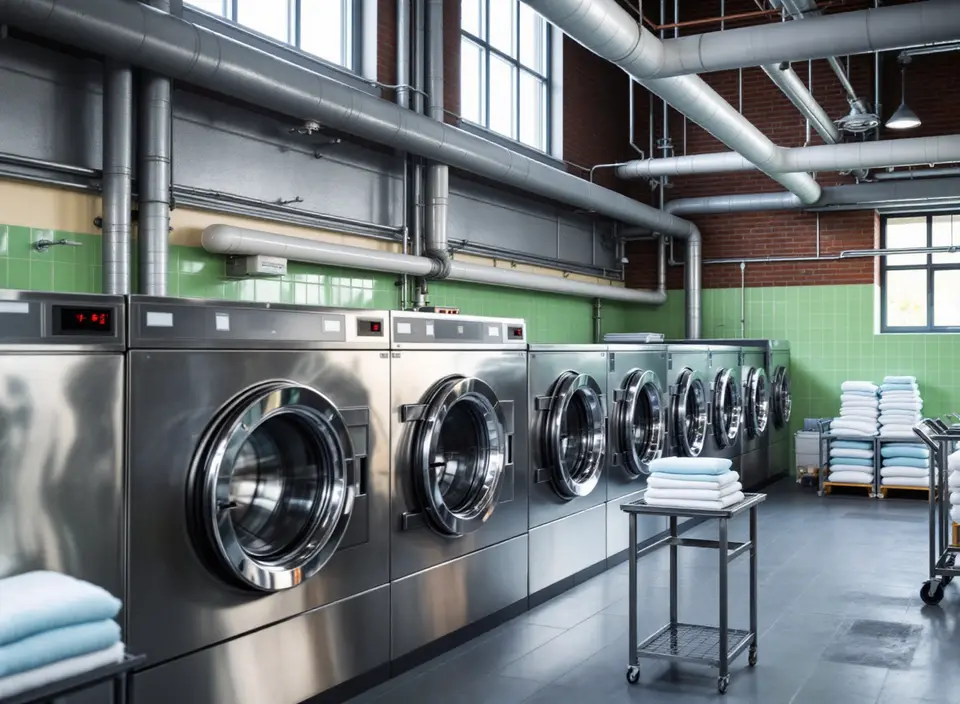 Een industriële wasserij met groen betegelde muren, een rij grote roestvrijstalen wasmachines, stapels handdoeken op karren en leidingen erboven